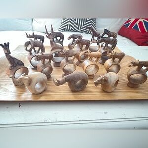 African Vintage Handcarved Safari Wood Napkin Rings set of 18